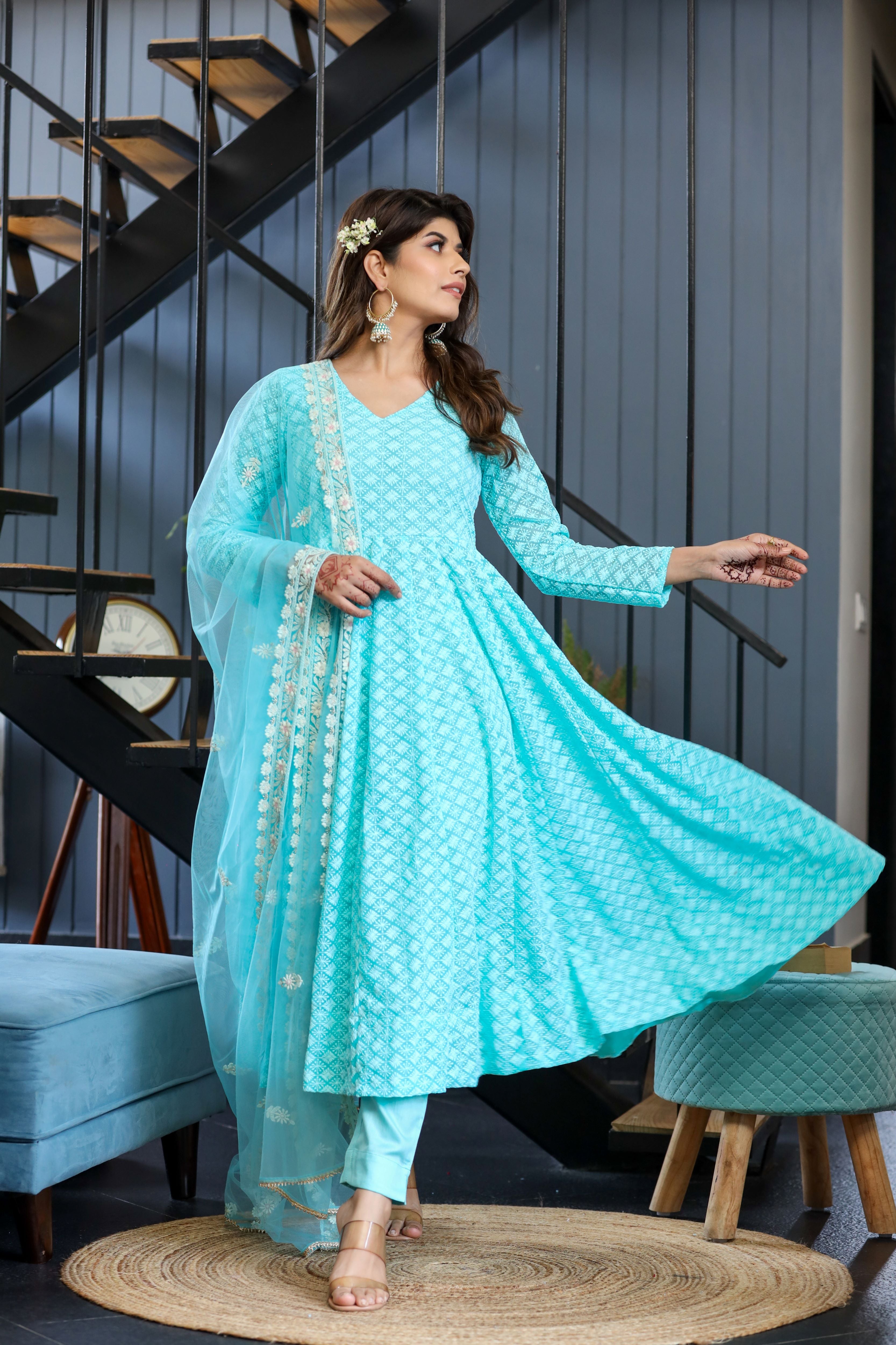 Sky bloom Anarkali suit set