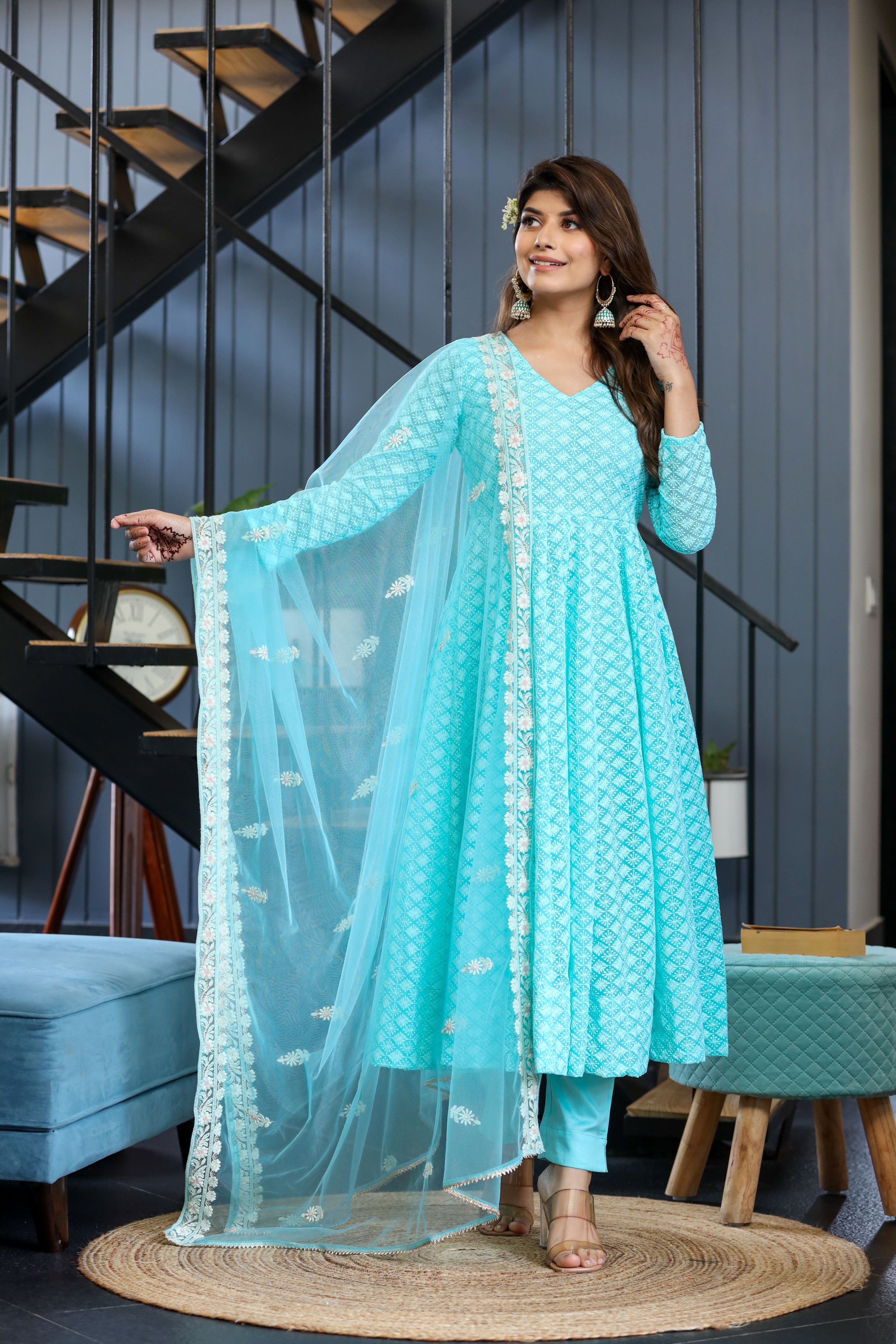 Sky bloom Anarkali suit set