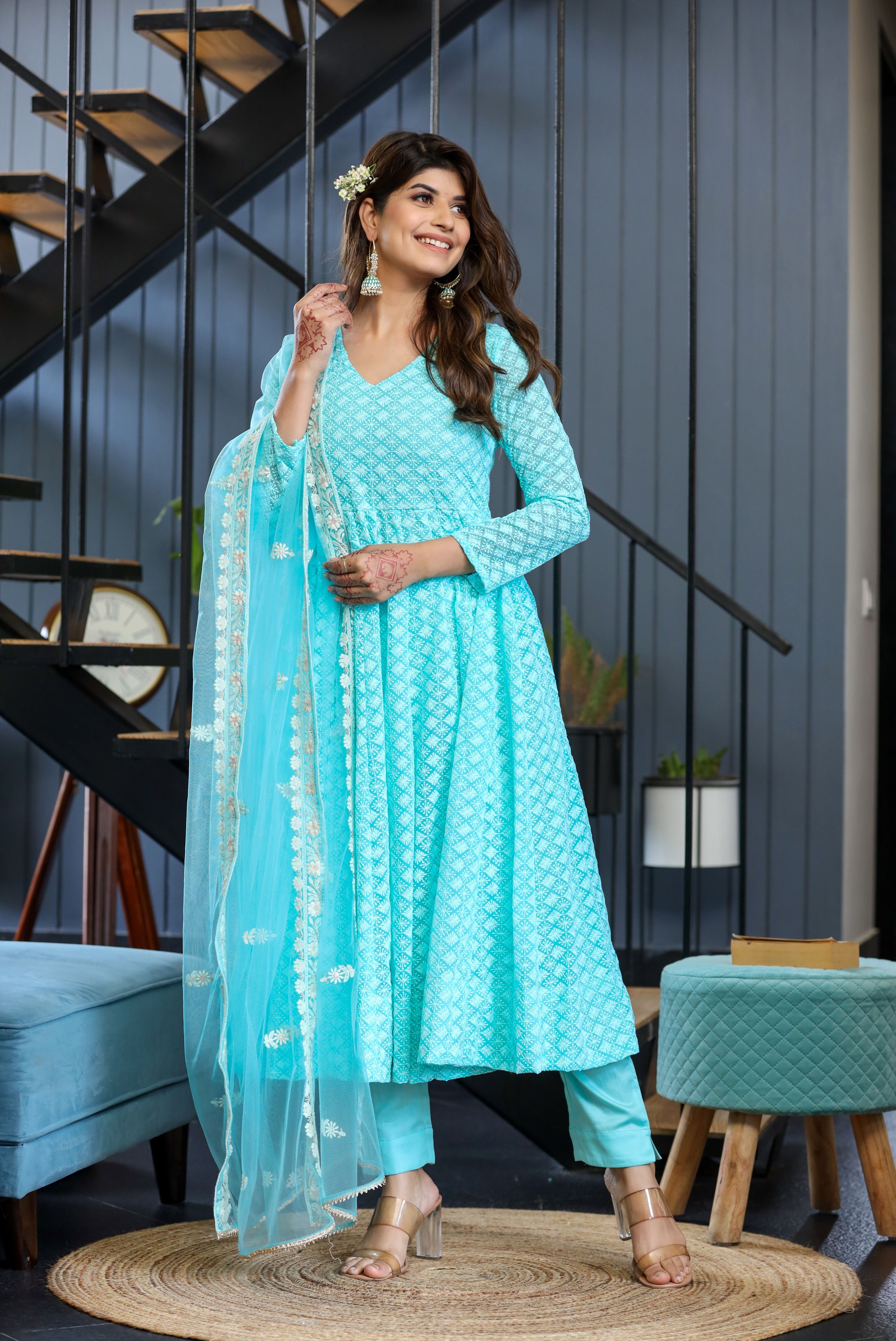 Sky bloom Anarkali suit set