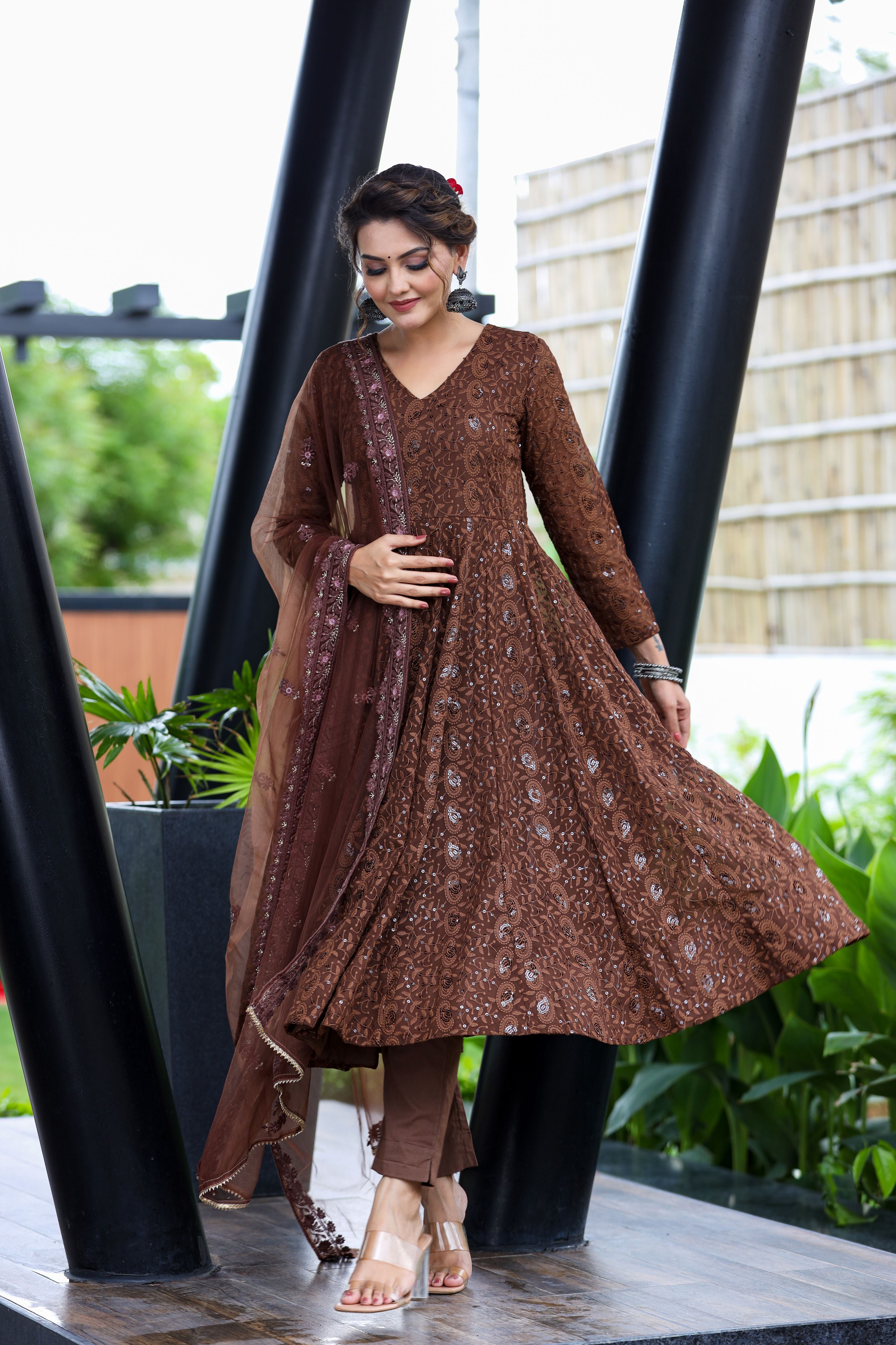 brown embroidered georgette suit set