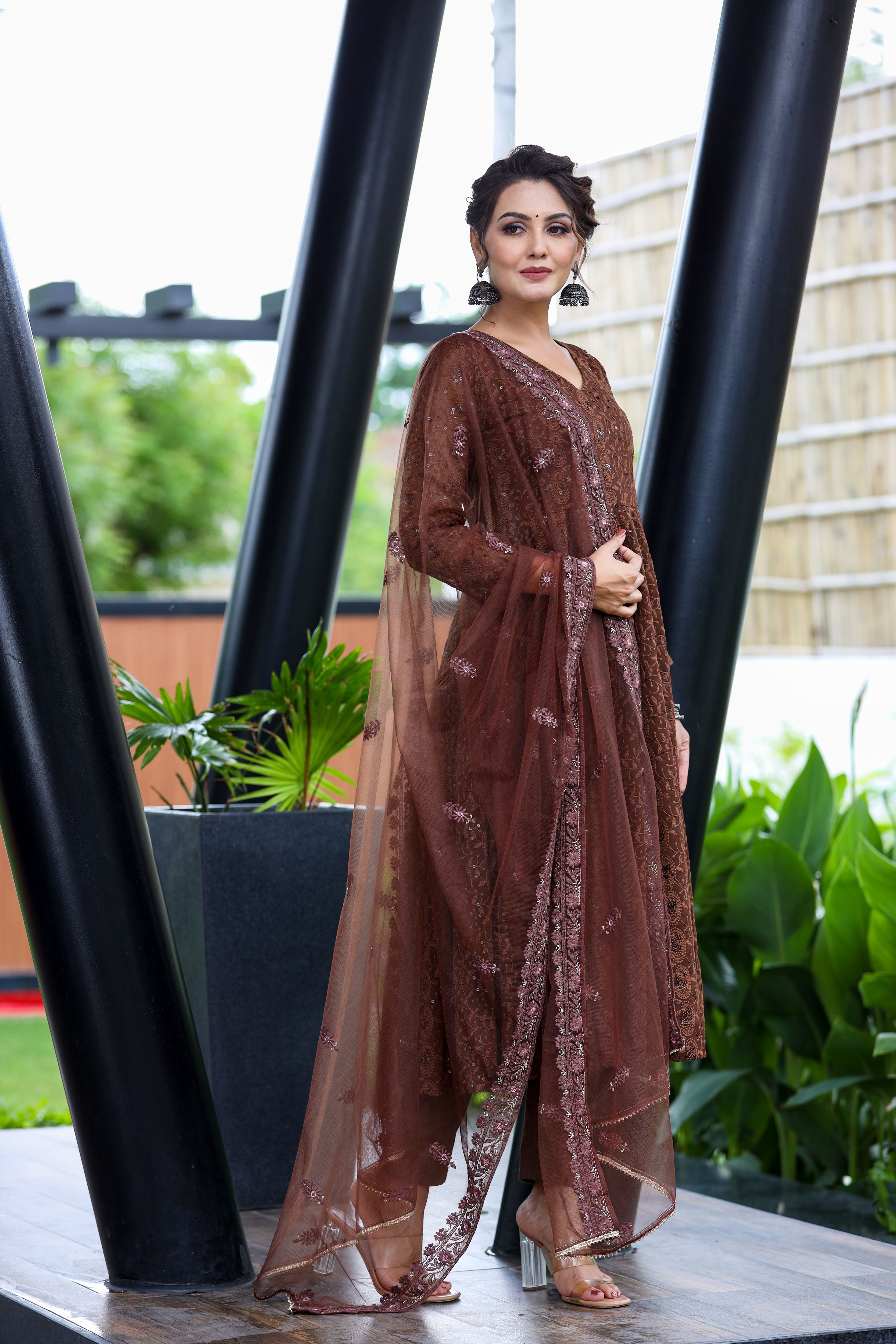 brown embroidered georgette suit set