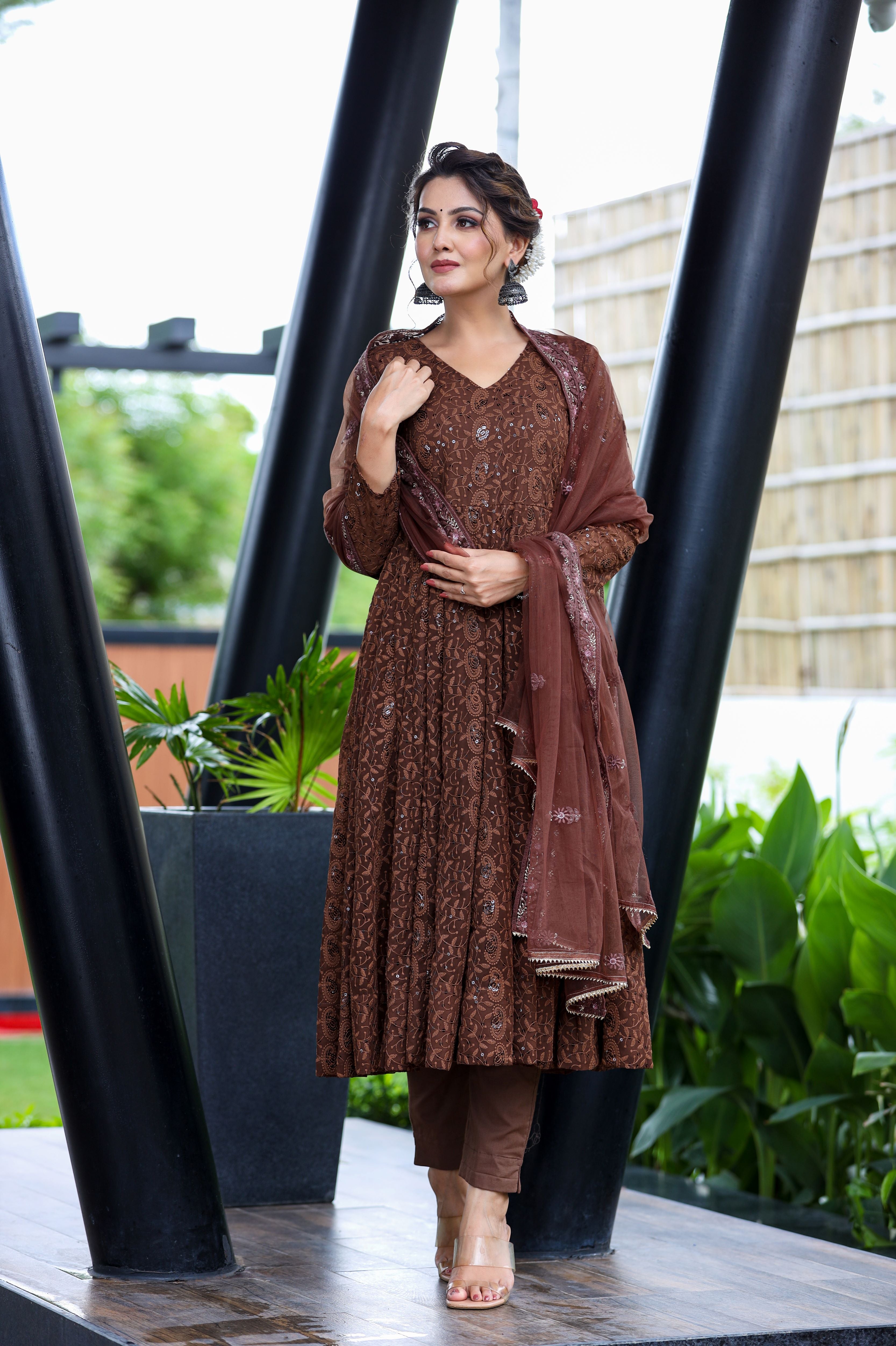 brown embroidered georgette suit set