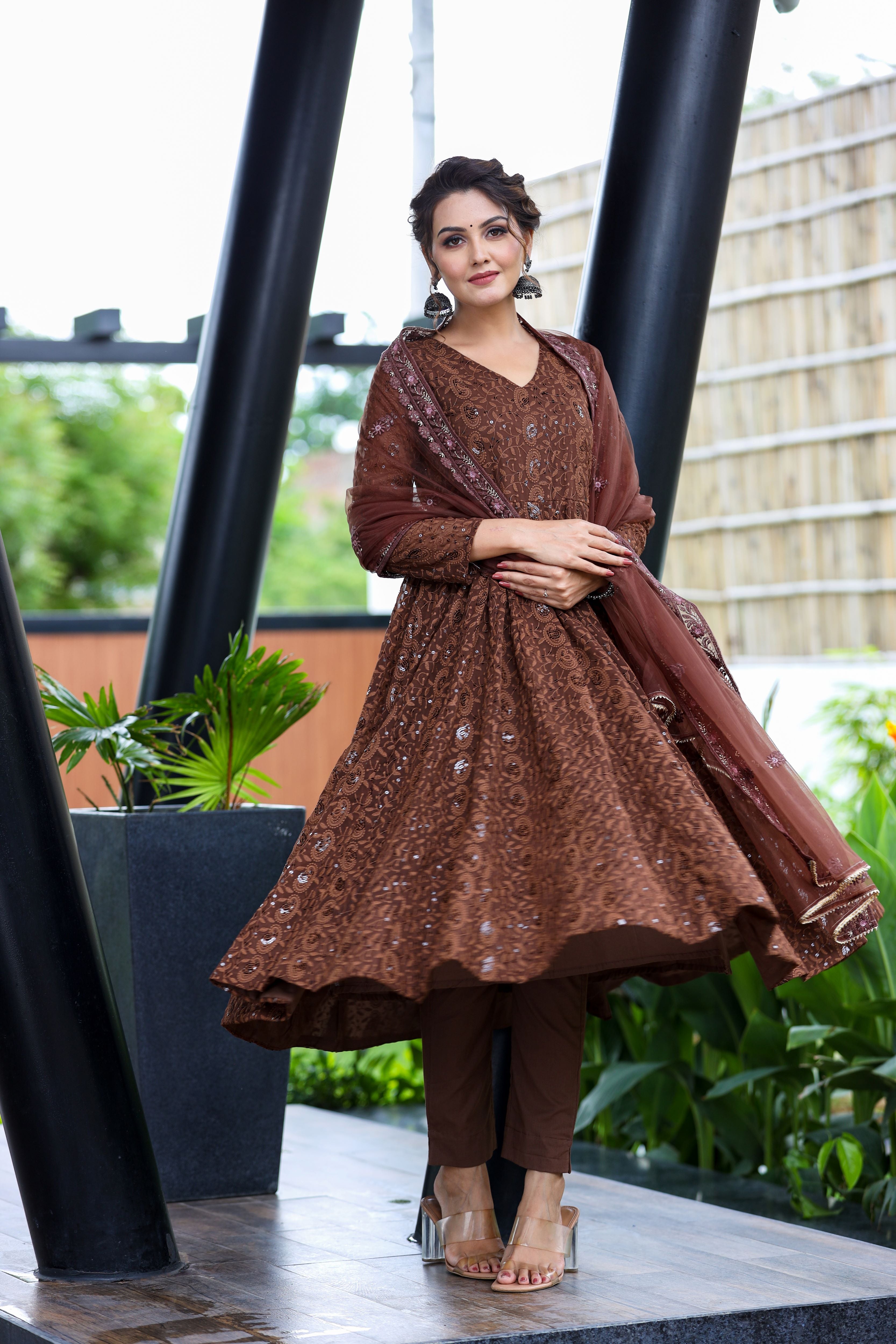 brown embroidered georgette suit set