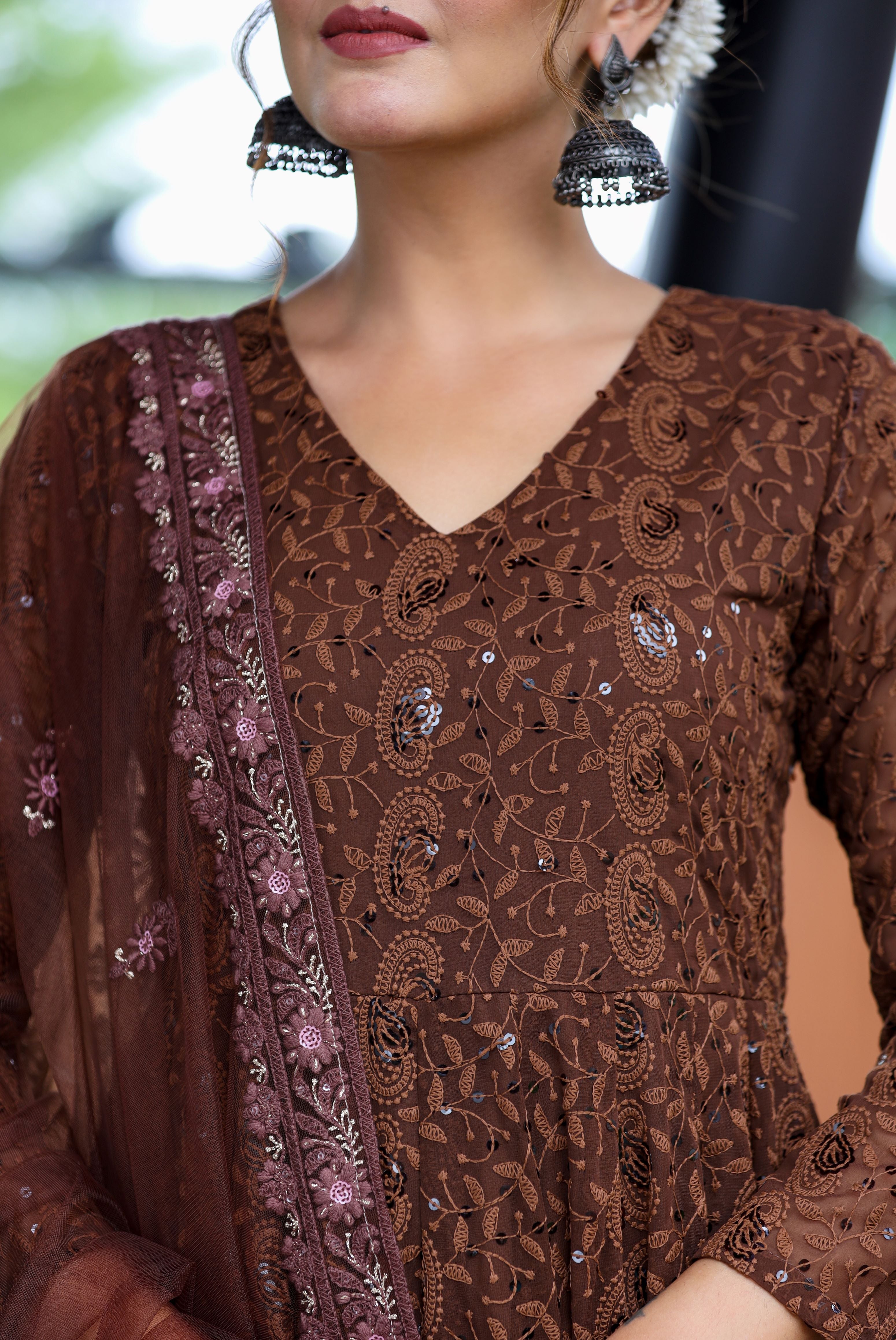 brown embroidered georgette suit set