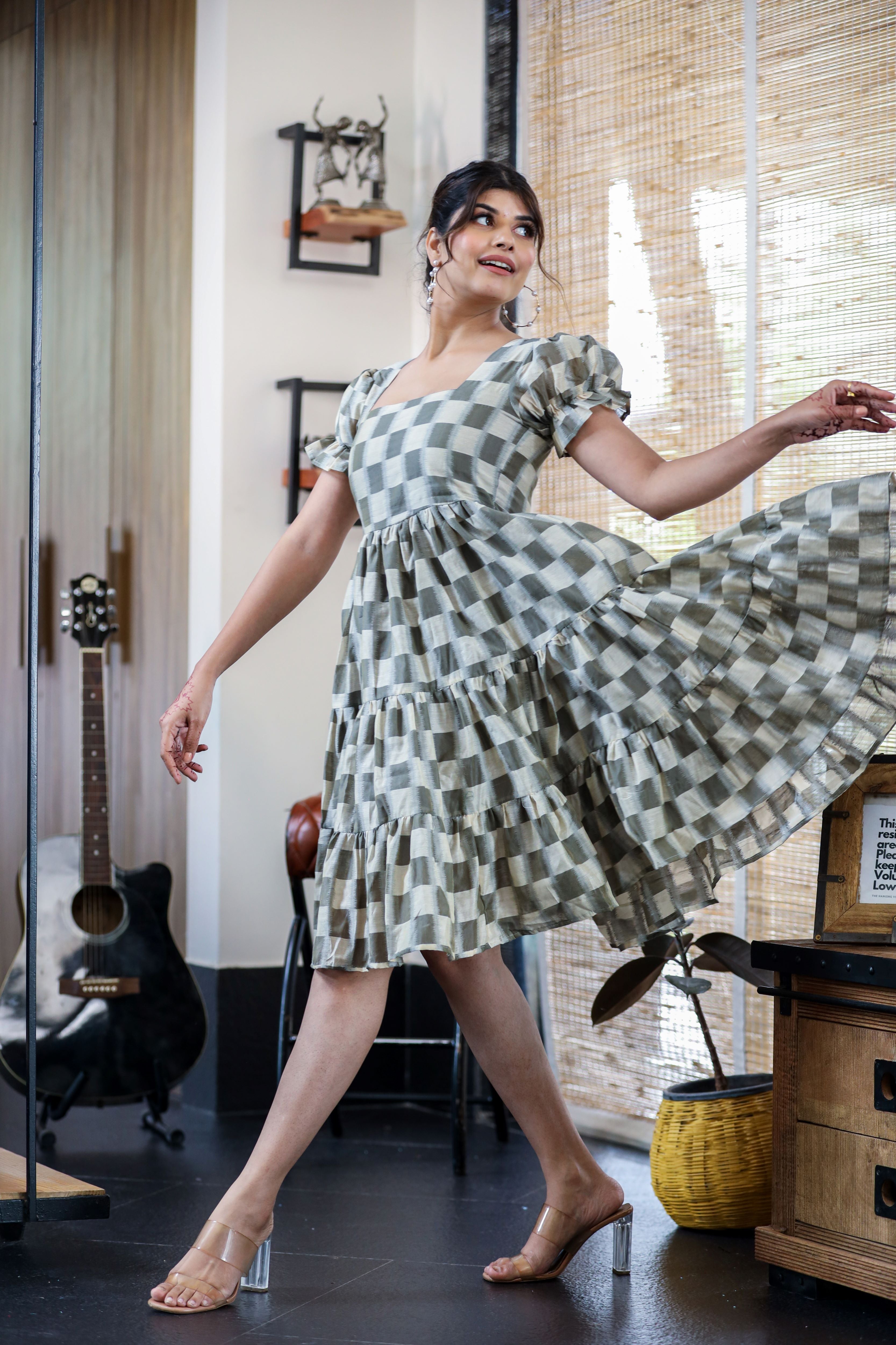 Checkered Flared Short Dress