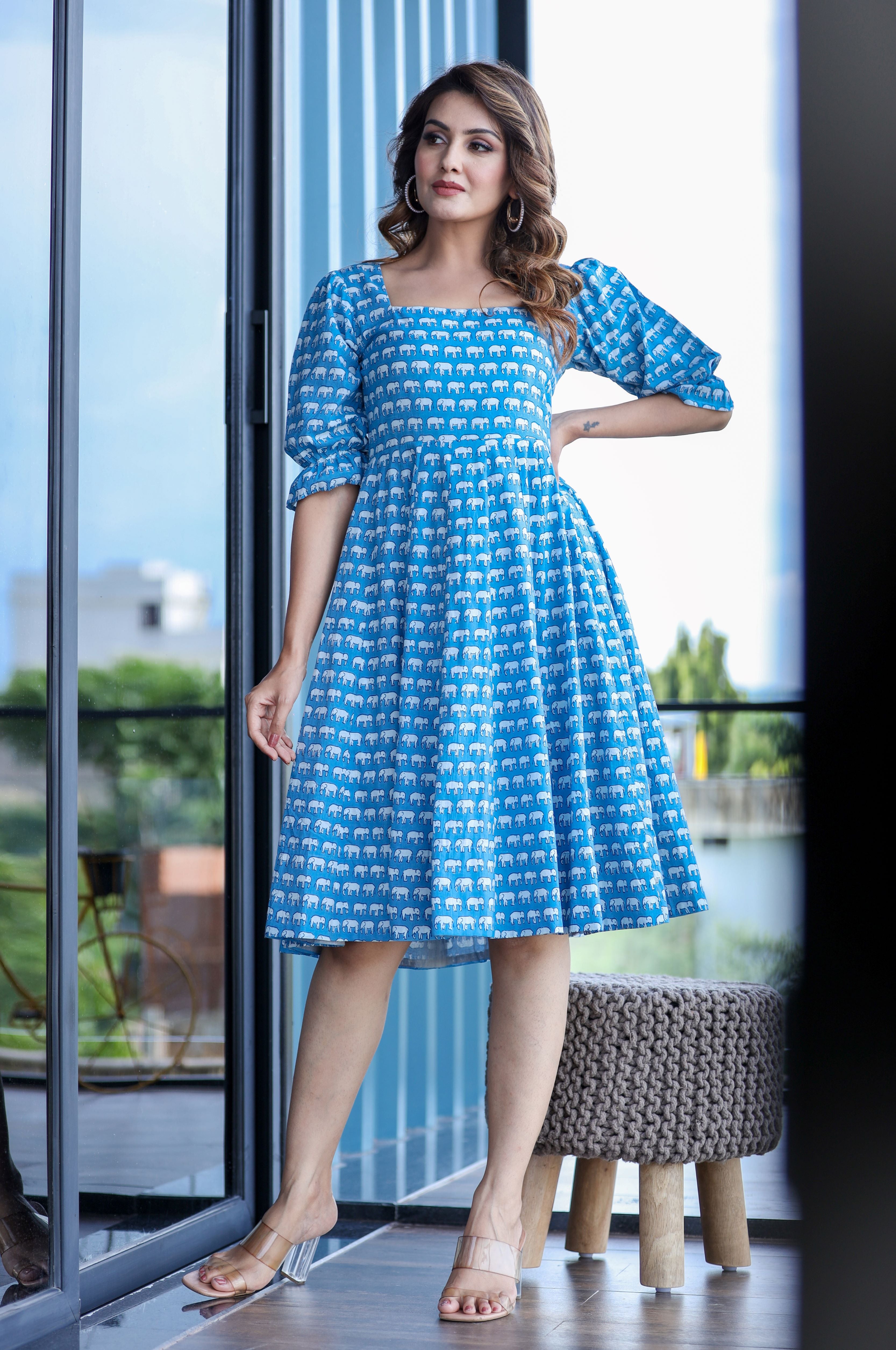 Blue Elephant Print Midi Dress with Puff Sleeves