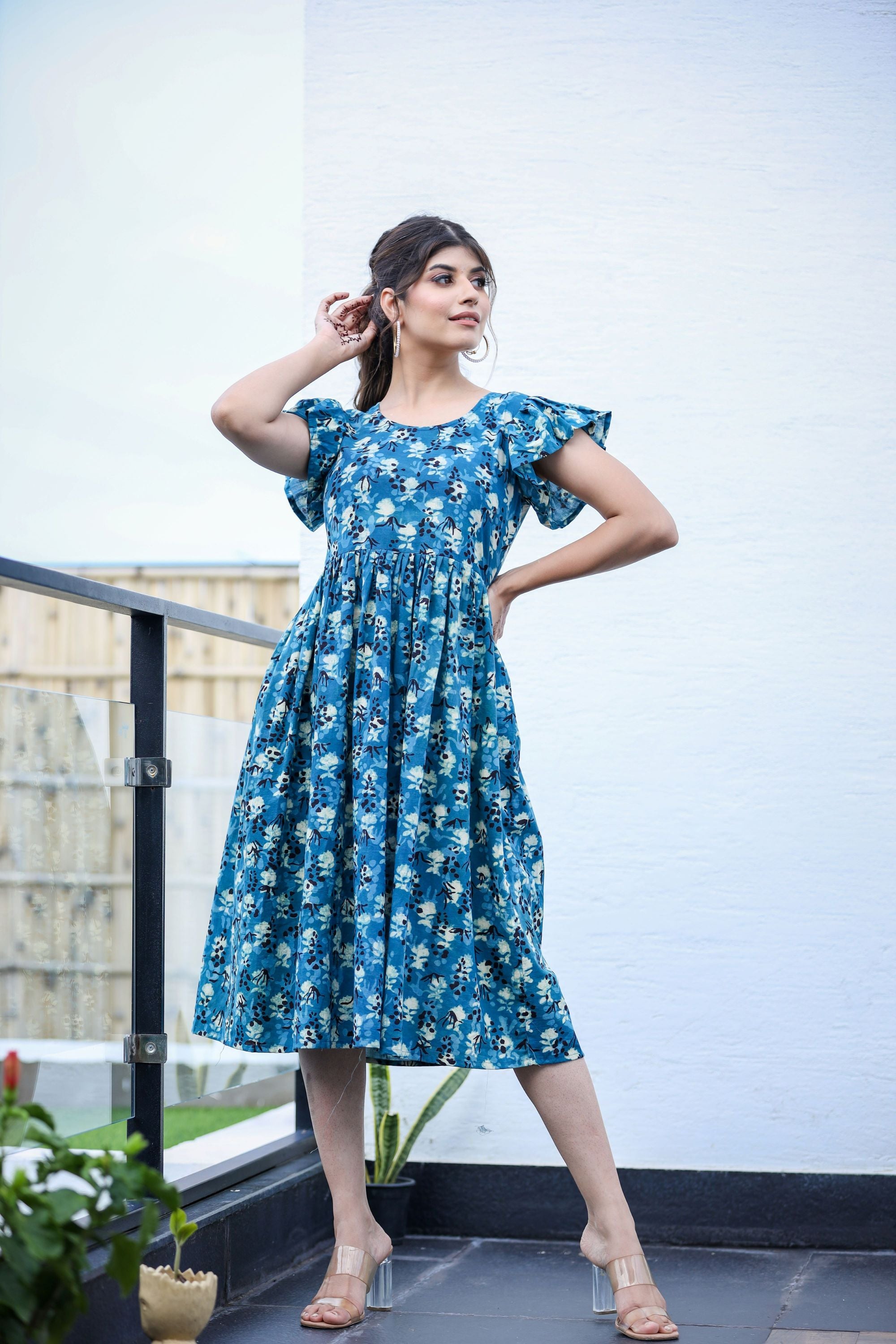 Blue Floral Midi Dress with Ruffled Sleeves