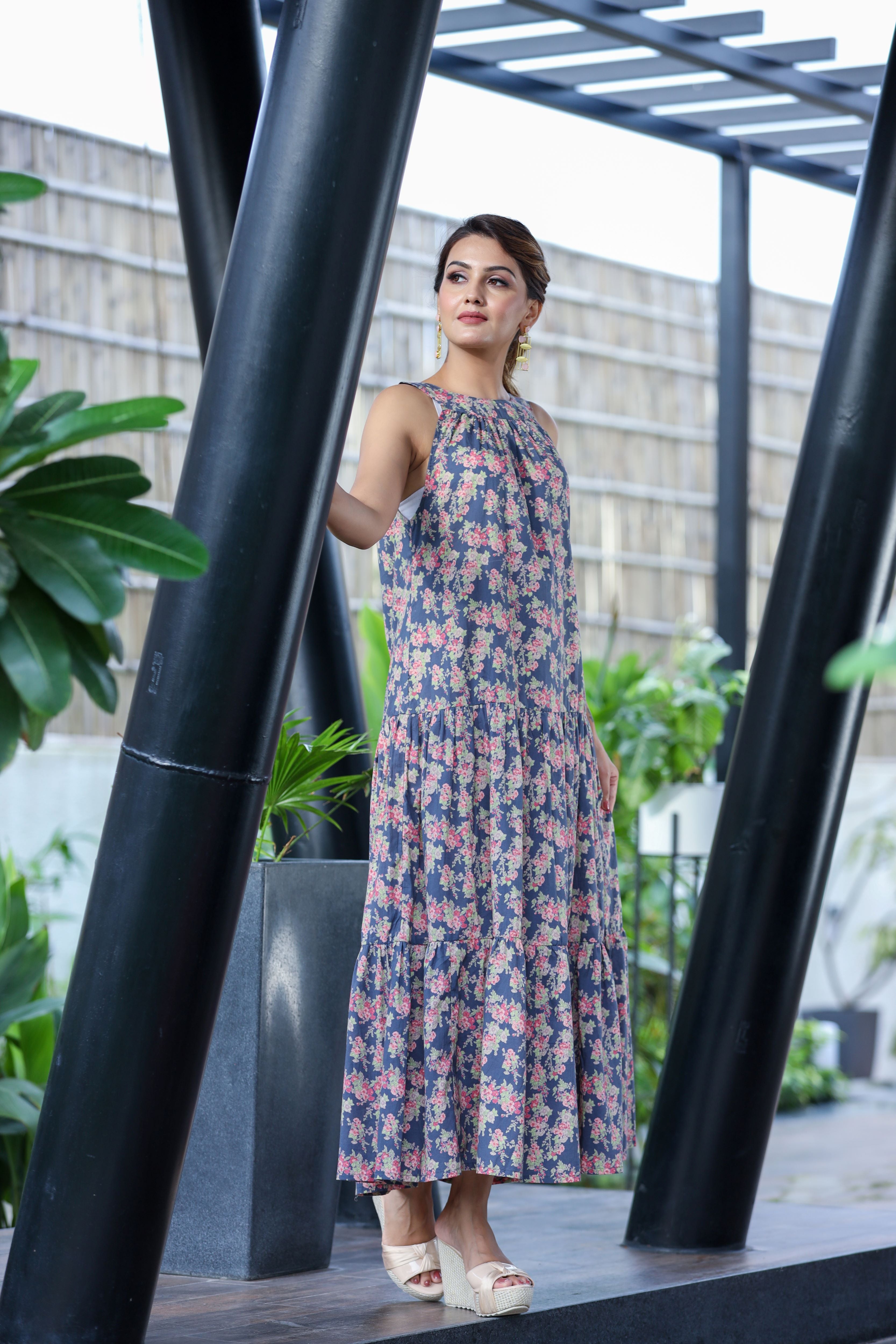 Floral Print Halter Neck Maxi Dress.