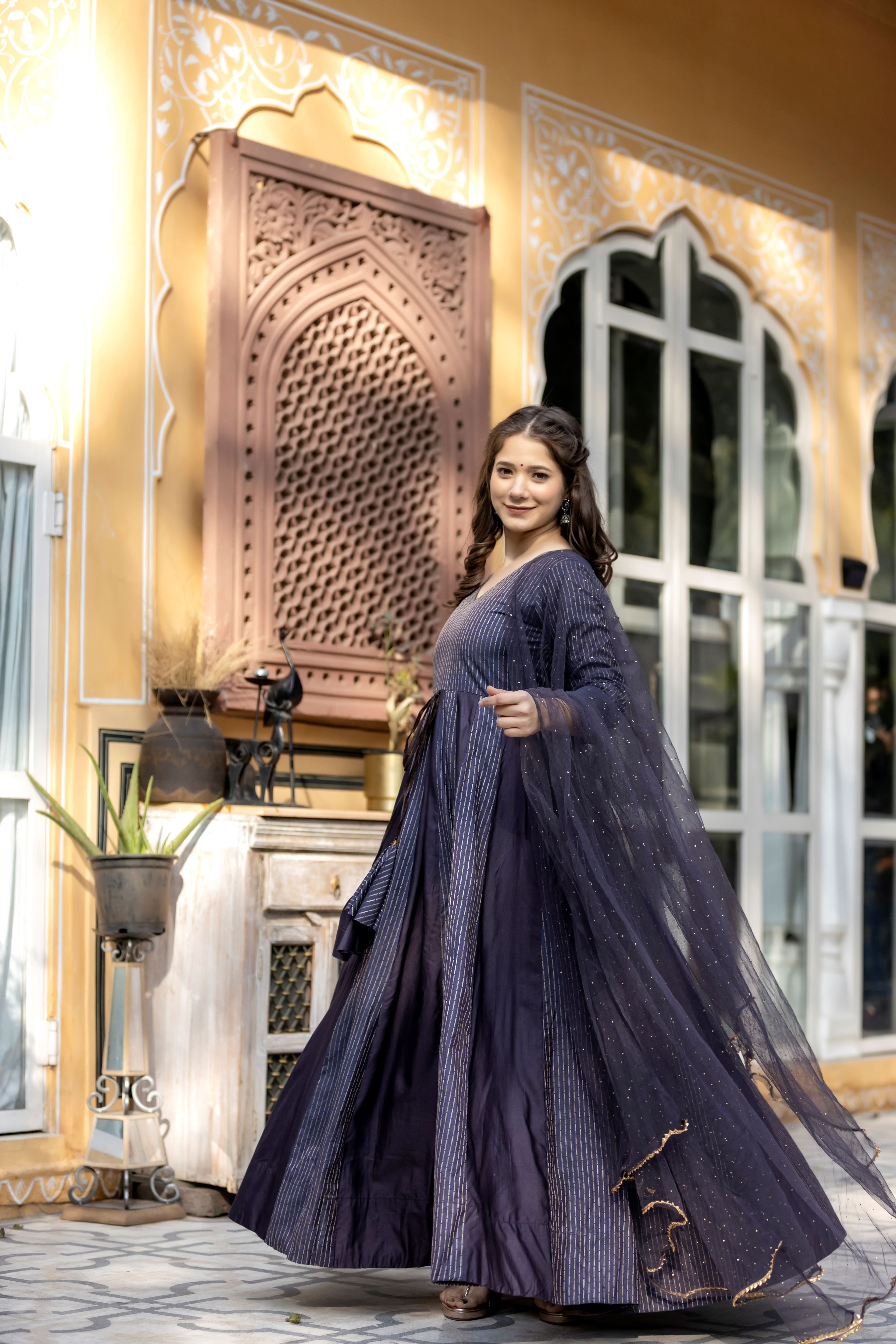 Navy Blue Pleated Maxi Dress with Sheer Sleeves and Dupatta