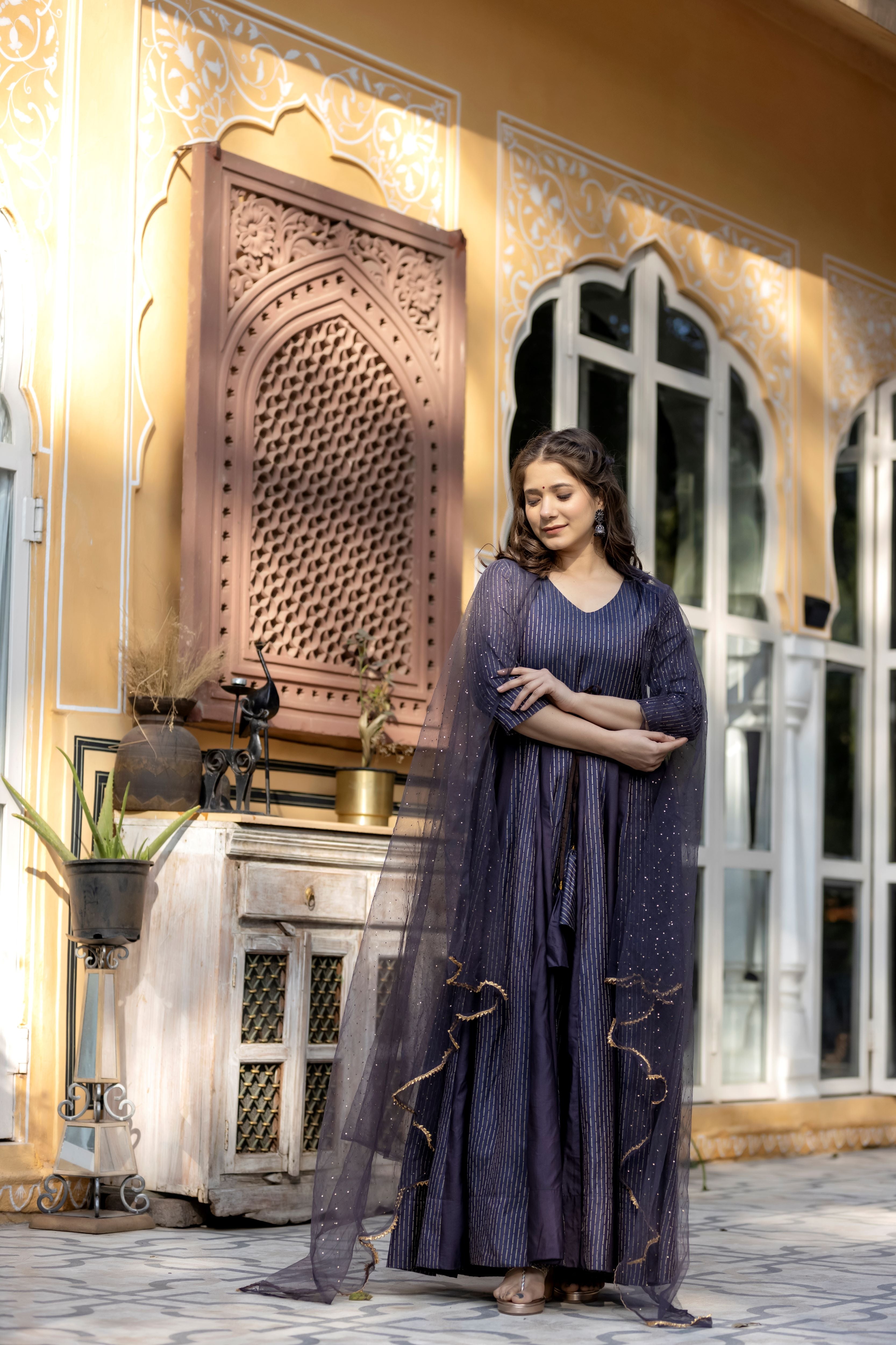 Navy Blue Pleated Maxi Dress with Sheer Sleeves and Dupatta