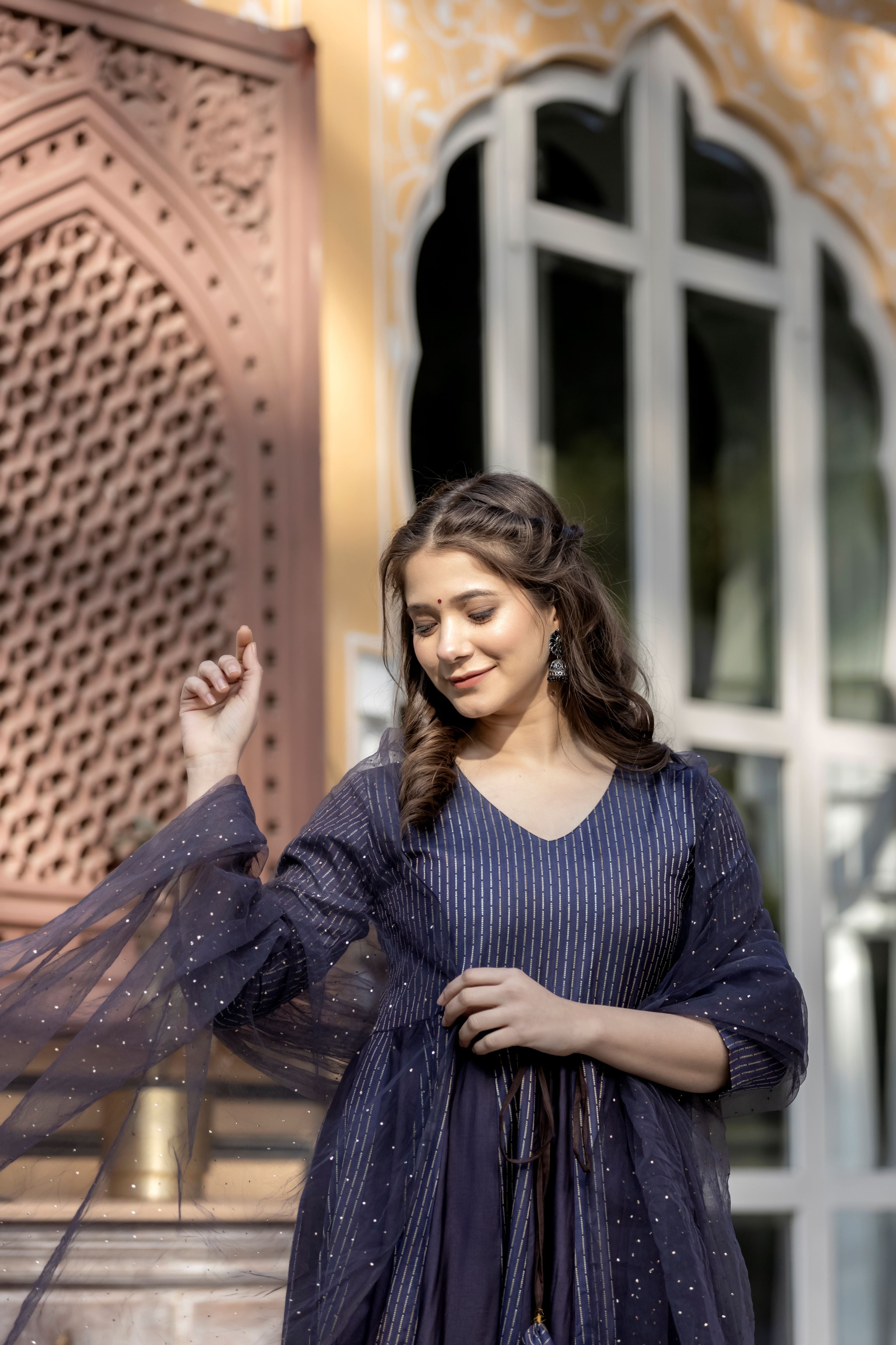 Navy Blue Pleated Maxi Dress with Sheer Sleeves and Dupatta