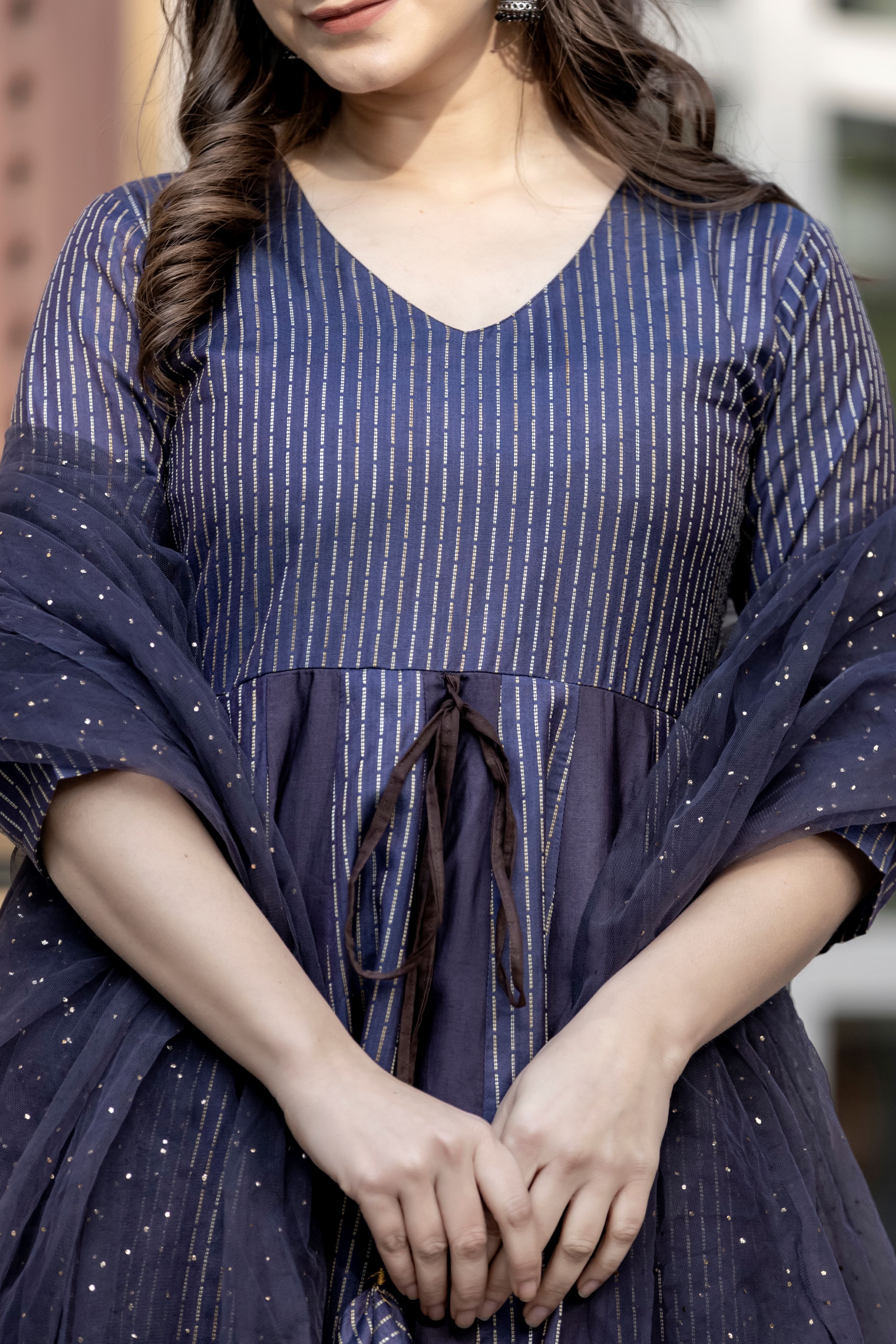 Navy Blue Pleated Maxi Dress with Sheer Sleeves and Dupatta