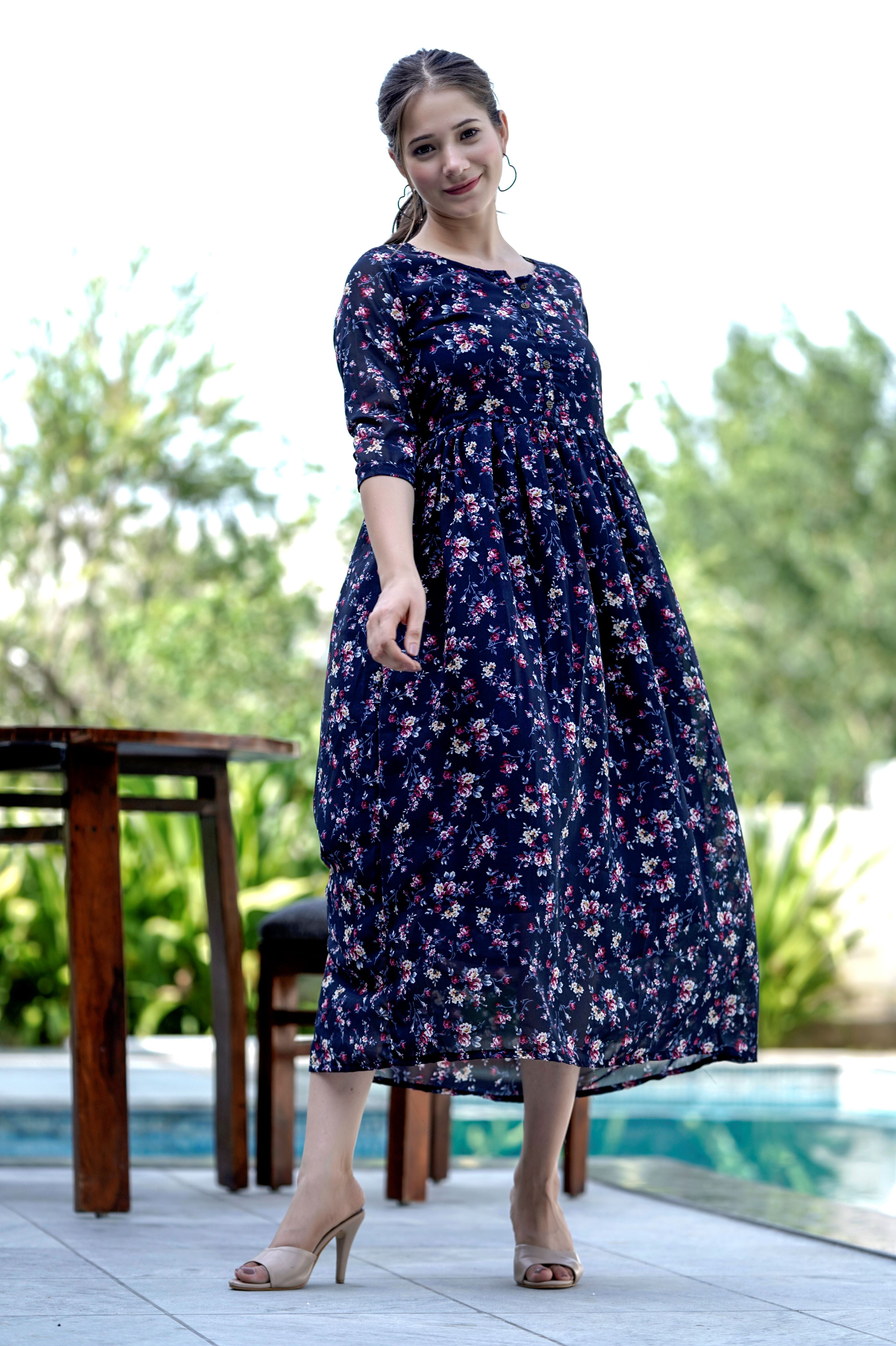 Navy Floral Boho Maxi Dress.