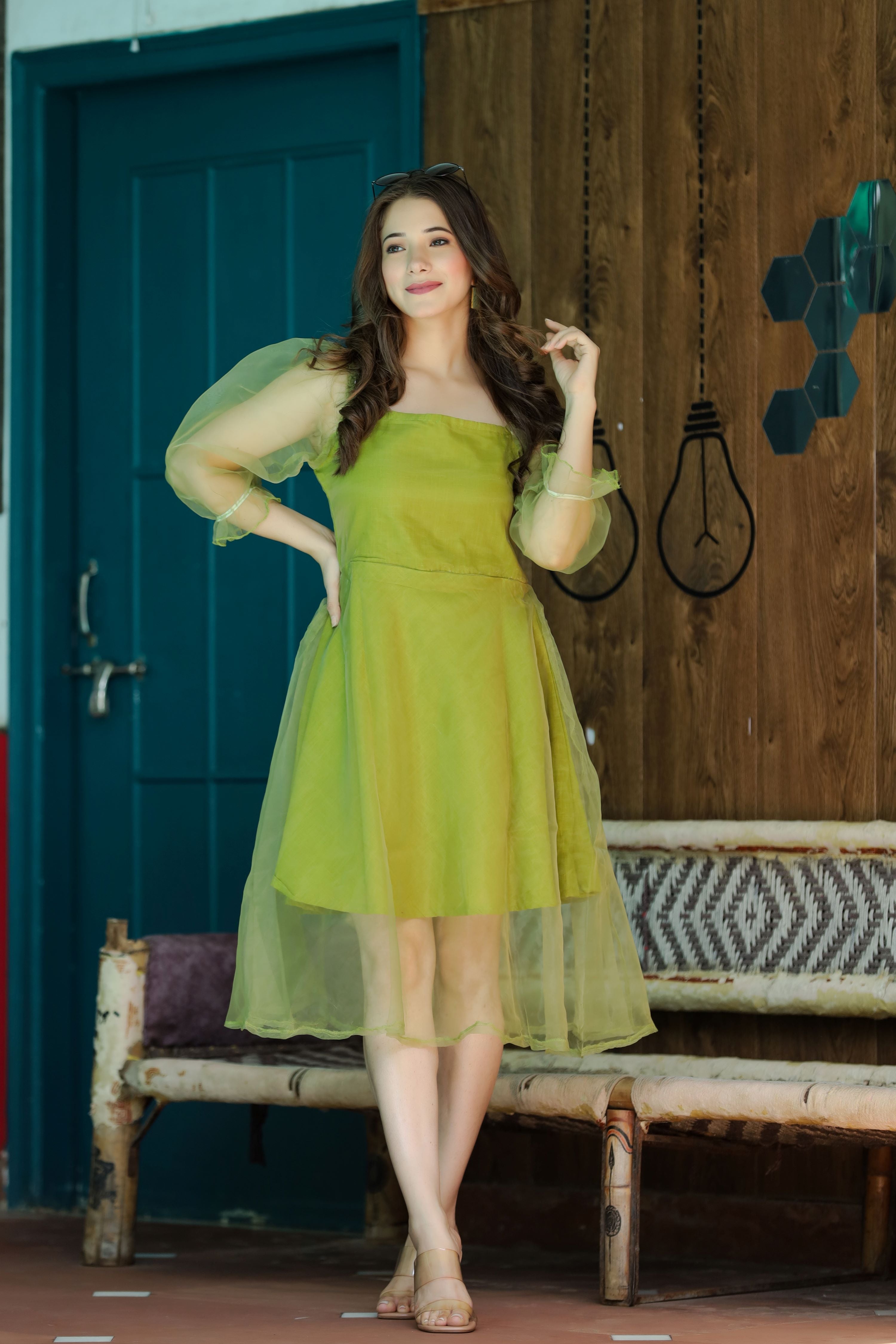 Parrot green knee dress